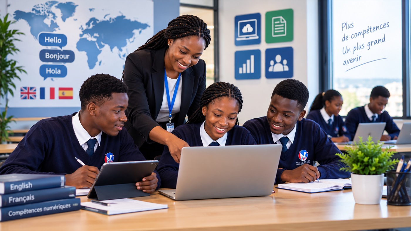 Une enseignante accompagne des élèves dans l’apprentissage des langues et du numérique