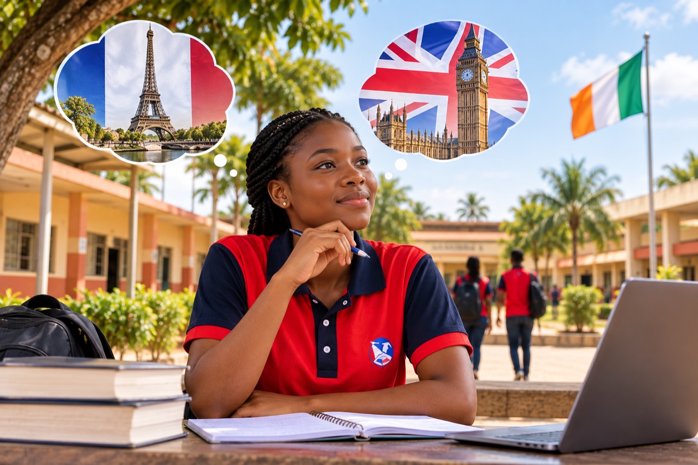 Une élève imagine ses perspectives en français et en anglais devant ses cahiers et son ordinateur