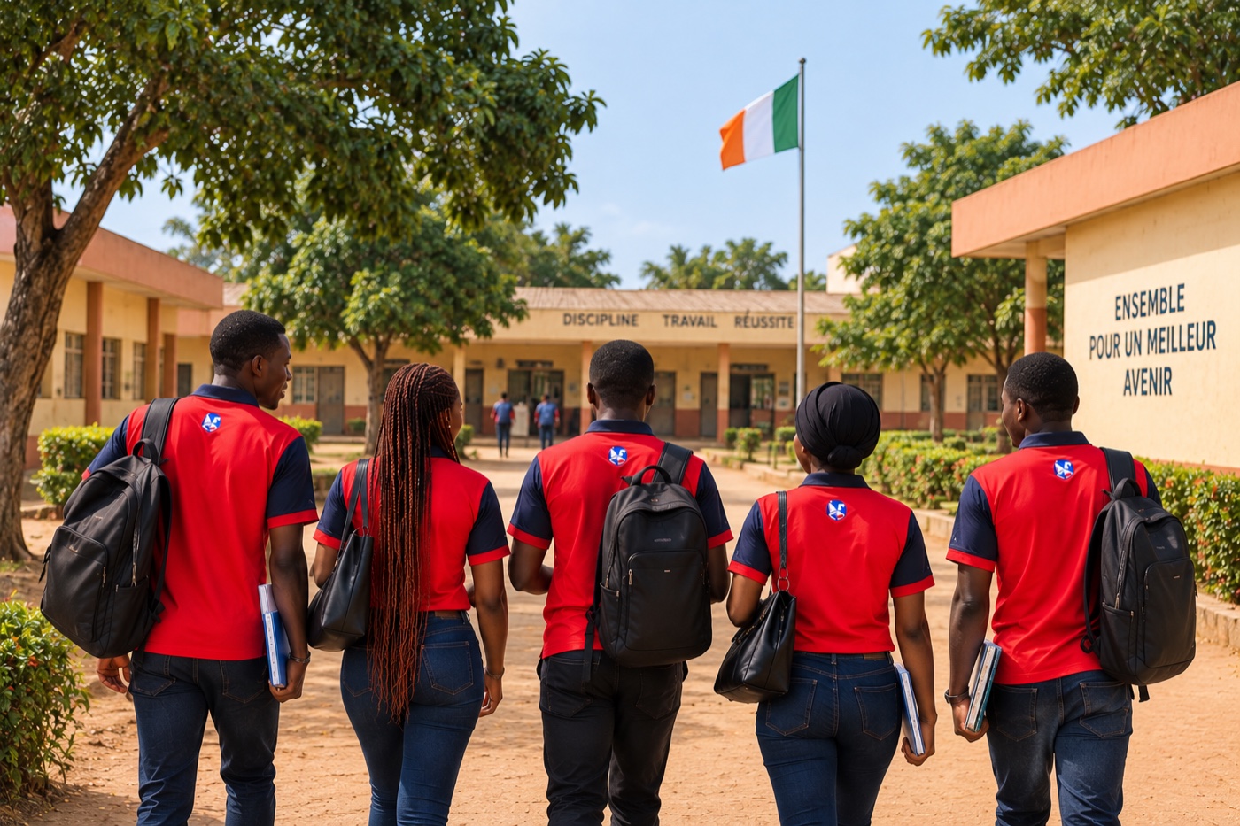 Des élèves en uniforme rejoignent les salles de classe du collège