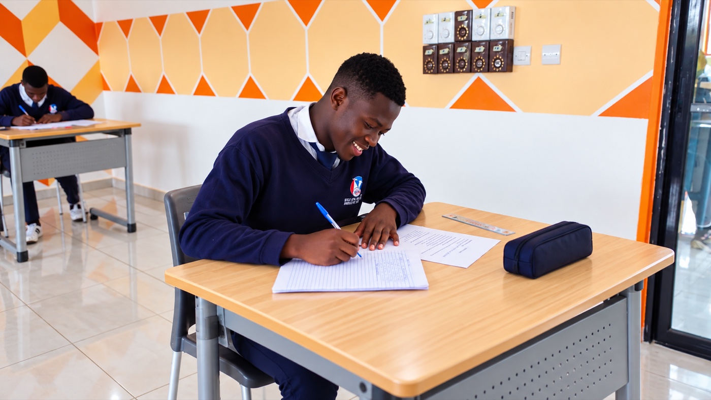Un élève en uniforme écrit dans son cahier en classe