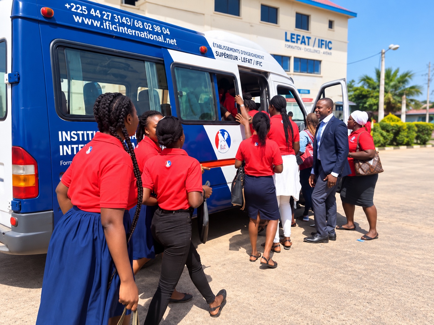 Des élèves montent dans le bus scolaire avec un accompagnateur