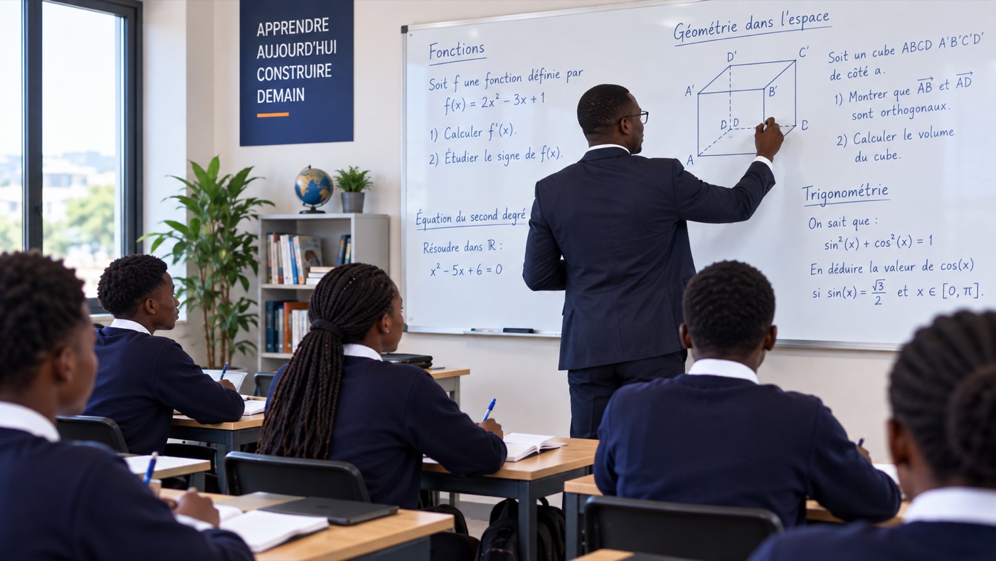 Un professeur explique un exercice de mathématiques au tableau devant sa classe